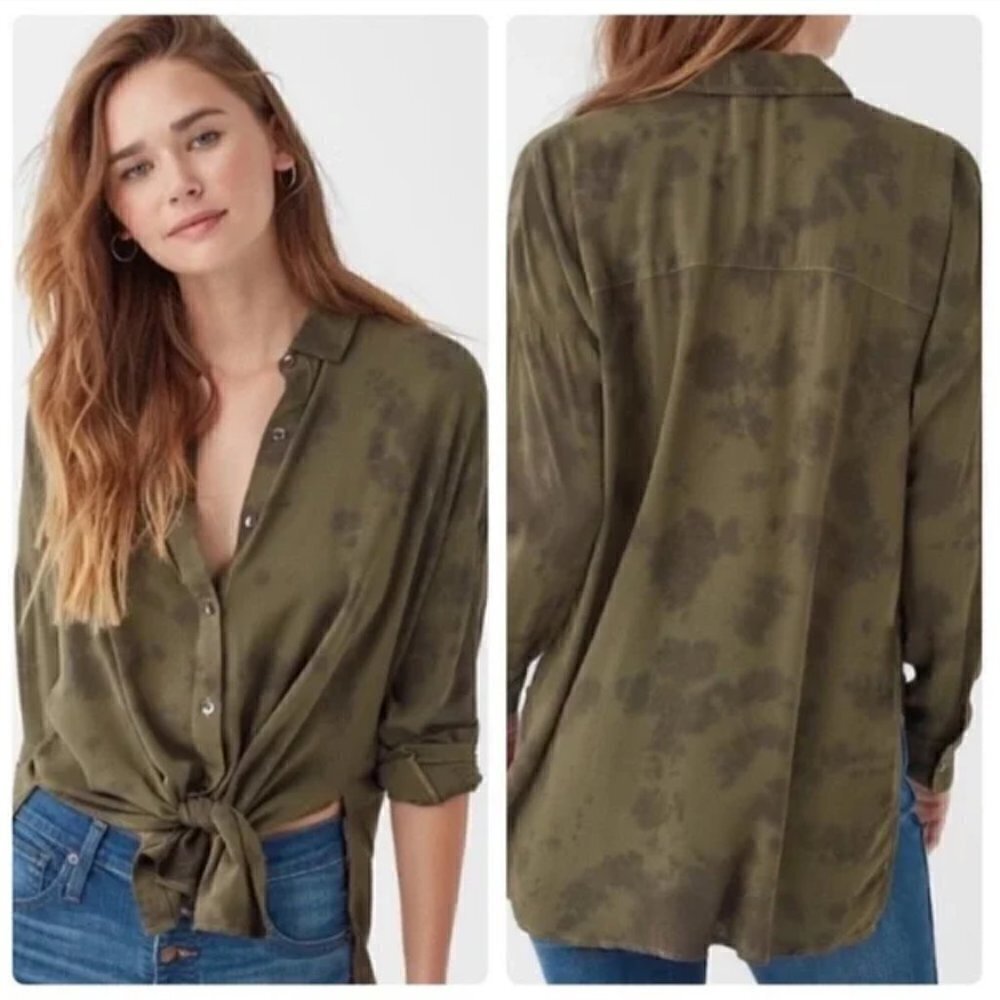 Splendid | Army Green Blotchy Tie Dye Button Down Shirt Size XS - Picture 2 of 6